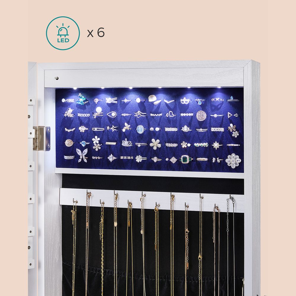  SONGMICS Joyero y paquete de gabinete de joyería LED,  organizador de joyas, espejo ancho redondeado con almacenamiento, color  blanco y dorado, superficie blanca con forro gris UJBC239WT y UJJC026W01 :  Ropa