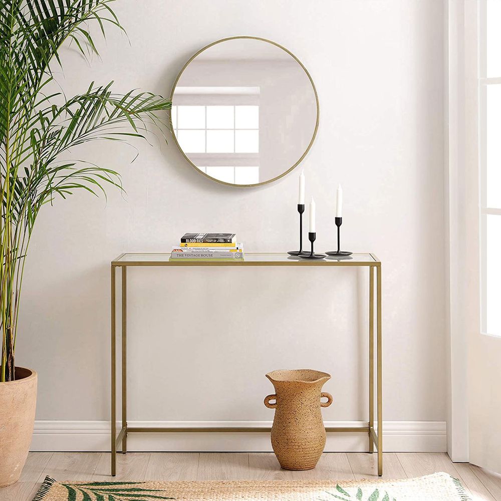 Armario con espejo para baño de pared con estantes ajustables en altura y  tres puertas color blanco y dorado Vasagle