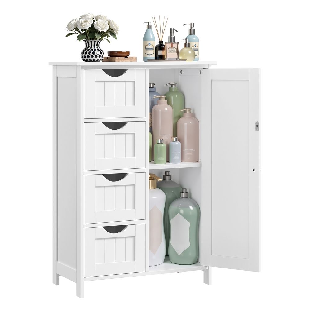 VASAGLE LHC41W, mueble de baño blanco con cuatro cajones — LHC41W · Blanco · 4 cajones y una puerta