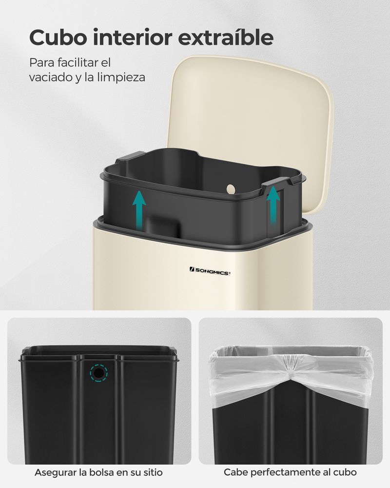 Cubo de basura de cocina con cubeta interior de plástico de 30 L a pedal  color blanco Songmics