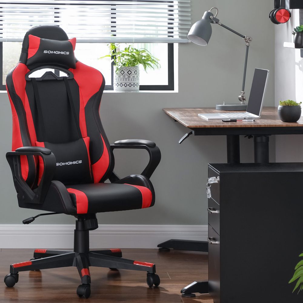  SONGMICS, silla de juegos de carreras, silla de oficina  ergonómica ajustable con apoyapiés, mecanismo de inclinación, soporte  lumbar, carga de 330 libras, negro y rojo UOBG073B01 : Hogar y Cocina