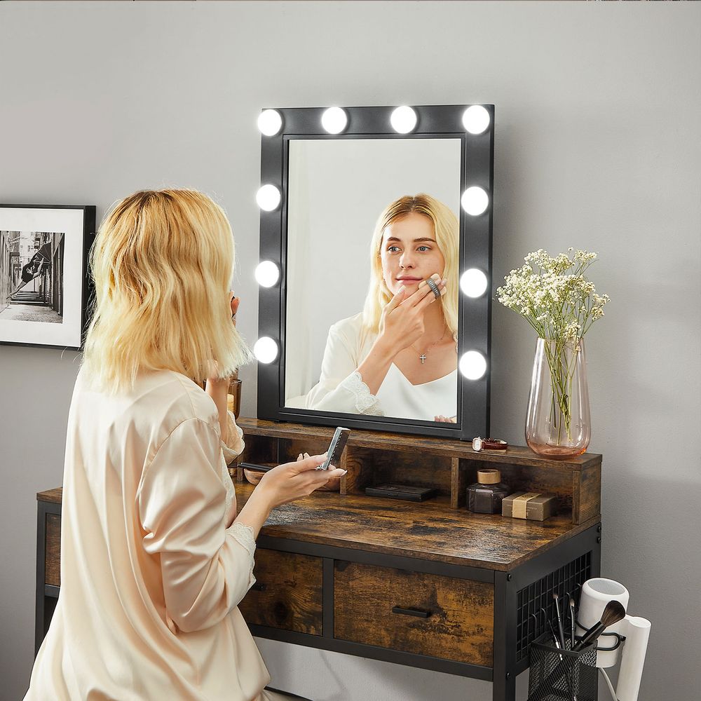 Tocador de maquillaje de 145 cm con espejo compartimentos y luz regulable  en color blanco Vasagle