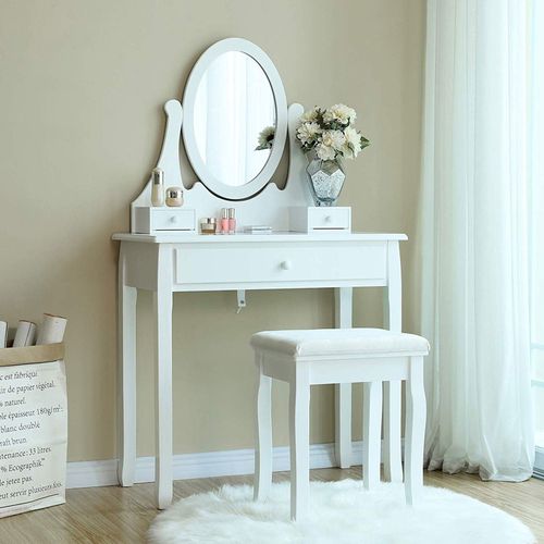 Espejo Ovalado para Dormitorio Mesa de tocador con Dos taburetes y Taburete Blanco y Espejo Ovalado B Vintage 