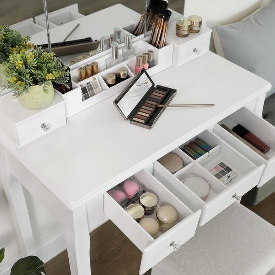 VASAGLE Tocador con 5 Cajones, Mesa de Maquillaje con 1 Taburete
