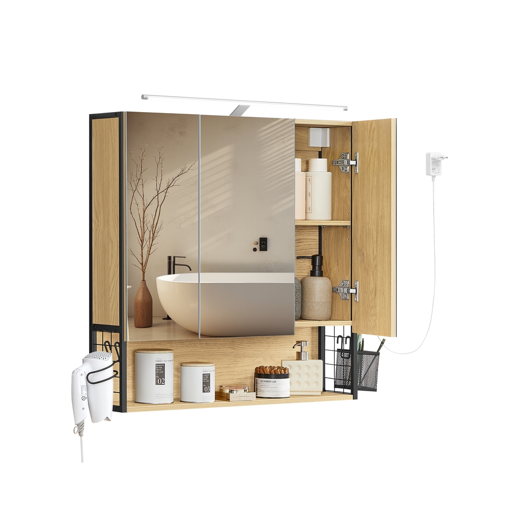 Vasagle Blanco/Gris Armario De Baño Con Espejo 3 Puertas Roble Natural