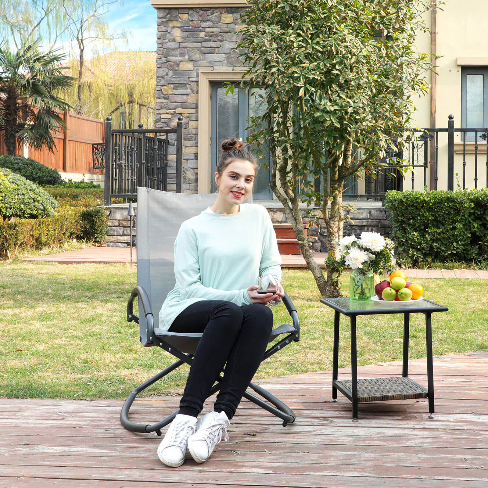 SONGMICS Tumbona, Silla de Jardín, Mecedora con Reposacabezas y