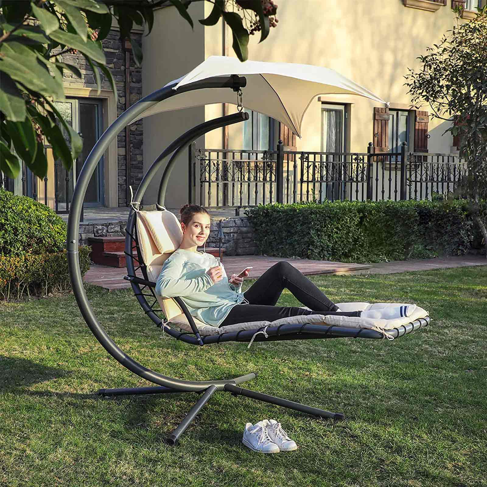 SONGMICS Tumbona Colgante con Soporte, Sombrilla, Silla Colgante con