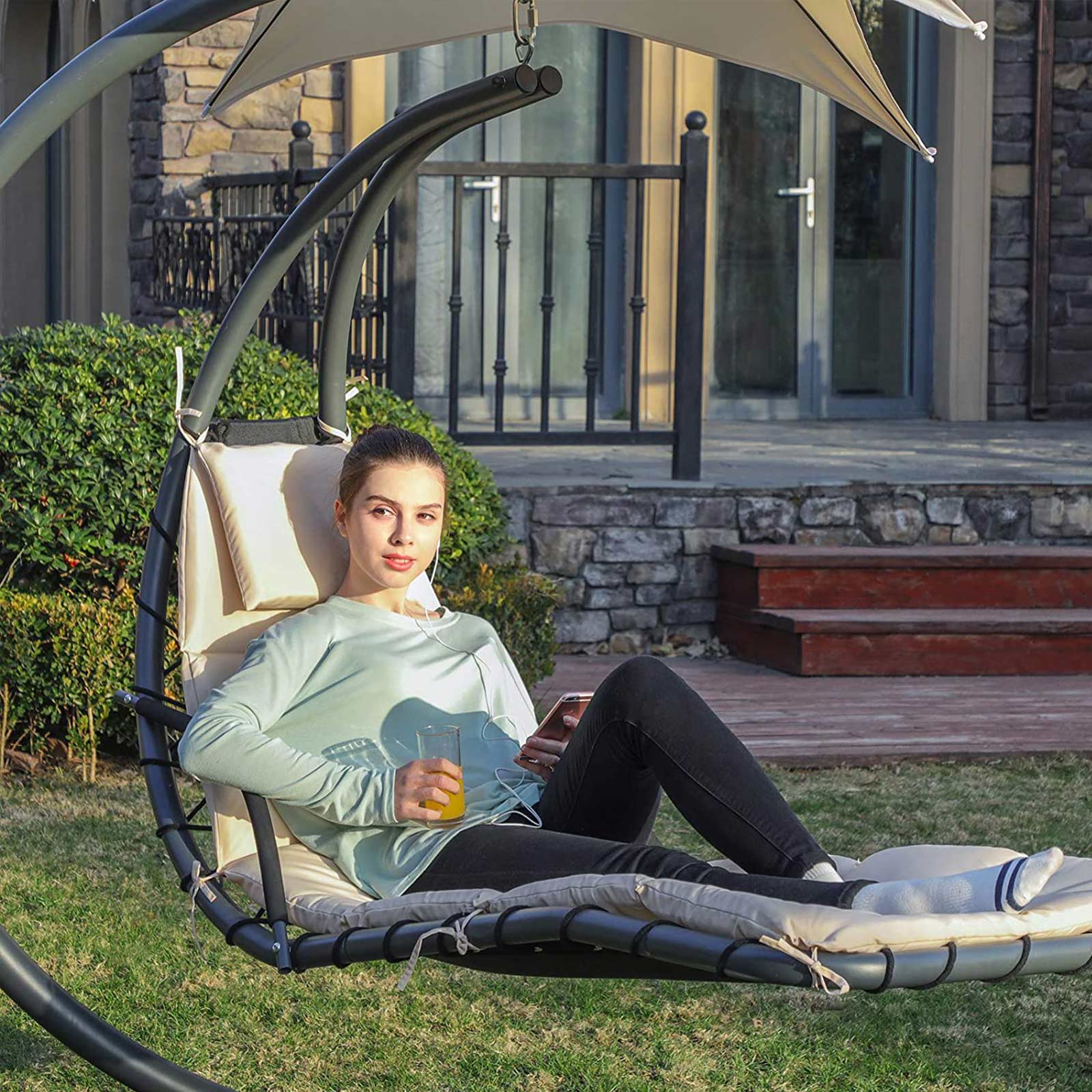 SONGMICS Tumbona Colgante con Soporte, Sombrilla, Silla Colgante con