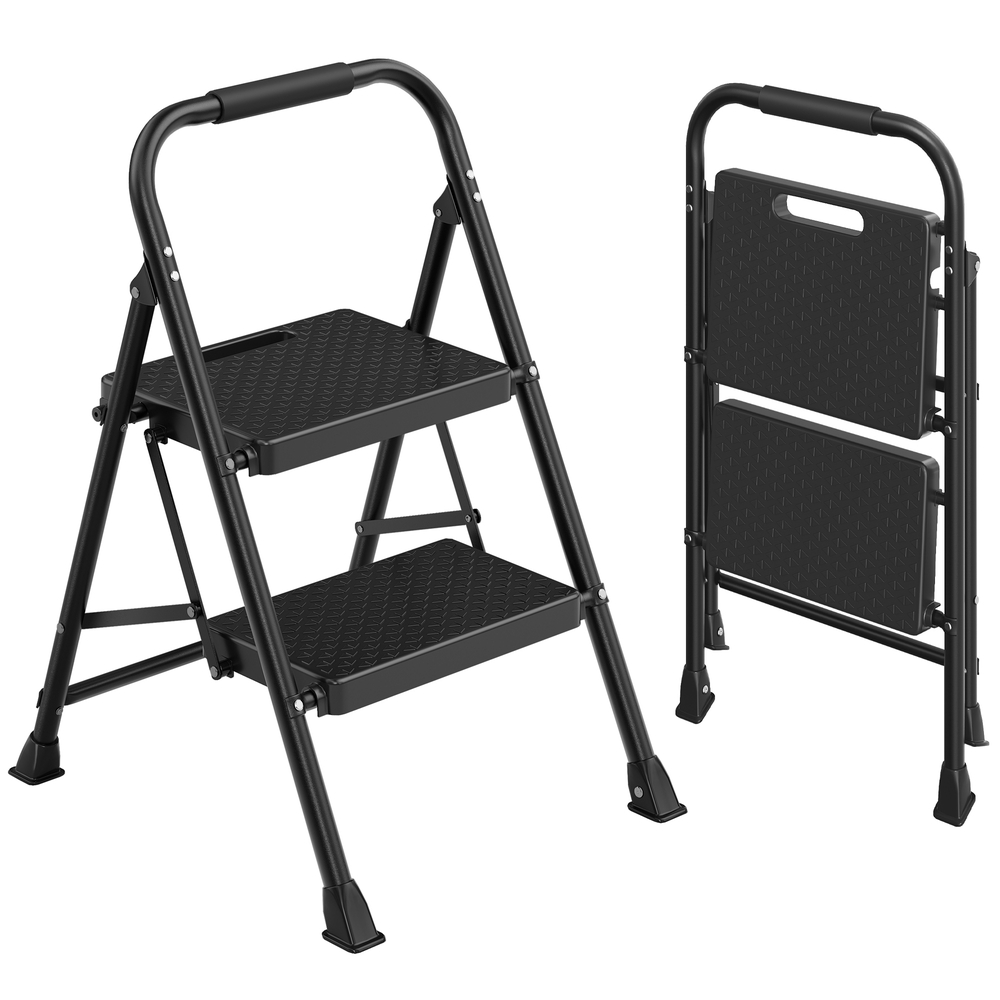 Escalera acero, plegable, 2 peldaños, carga 150kg, casa, oficina, jardín, 54,5x46,5x79cm, negro