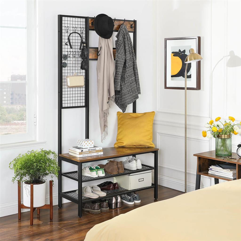 VASAGLE Perchero, Perchero con Pared de Rejilla, Zapatero, 2 Estantes