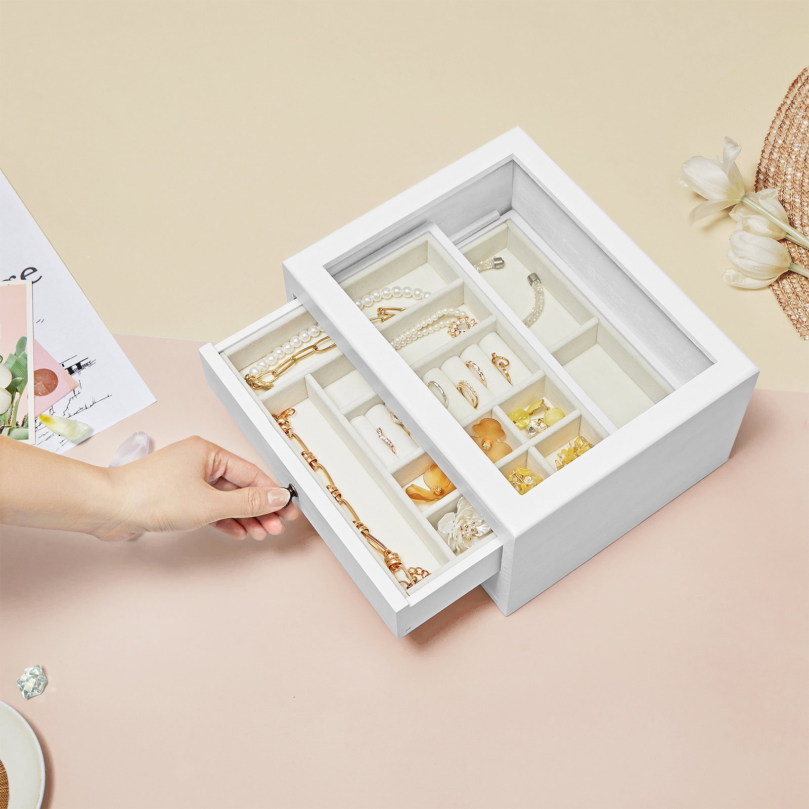 SONGMICS Caja joyero, Caja de Joyas, Estuche de Madera de 2 Niveles