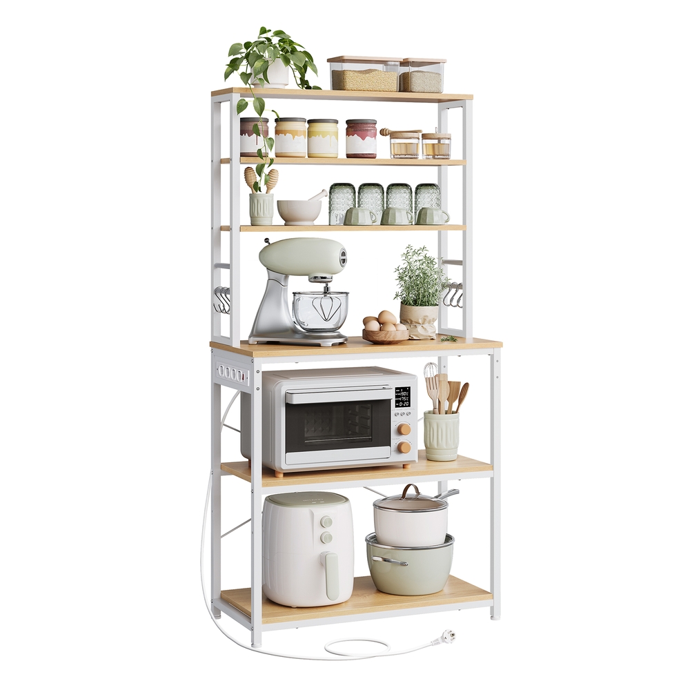 Leroy Merlin Estantería De Cocina Con Toma De Corriente, Con 6 Estantes Y 6 Ganchos, 40X80x167 Cm, Ideal Para Microondas, Roble Y Blanco - Imagen 2