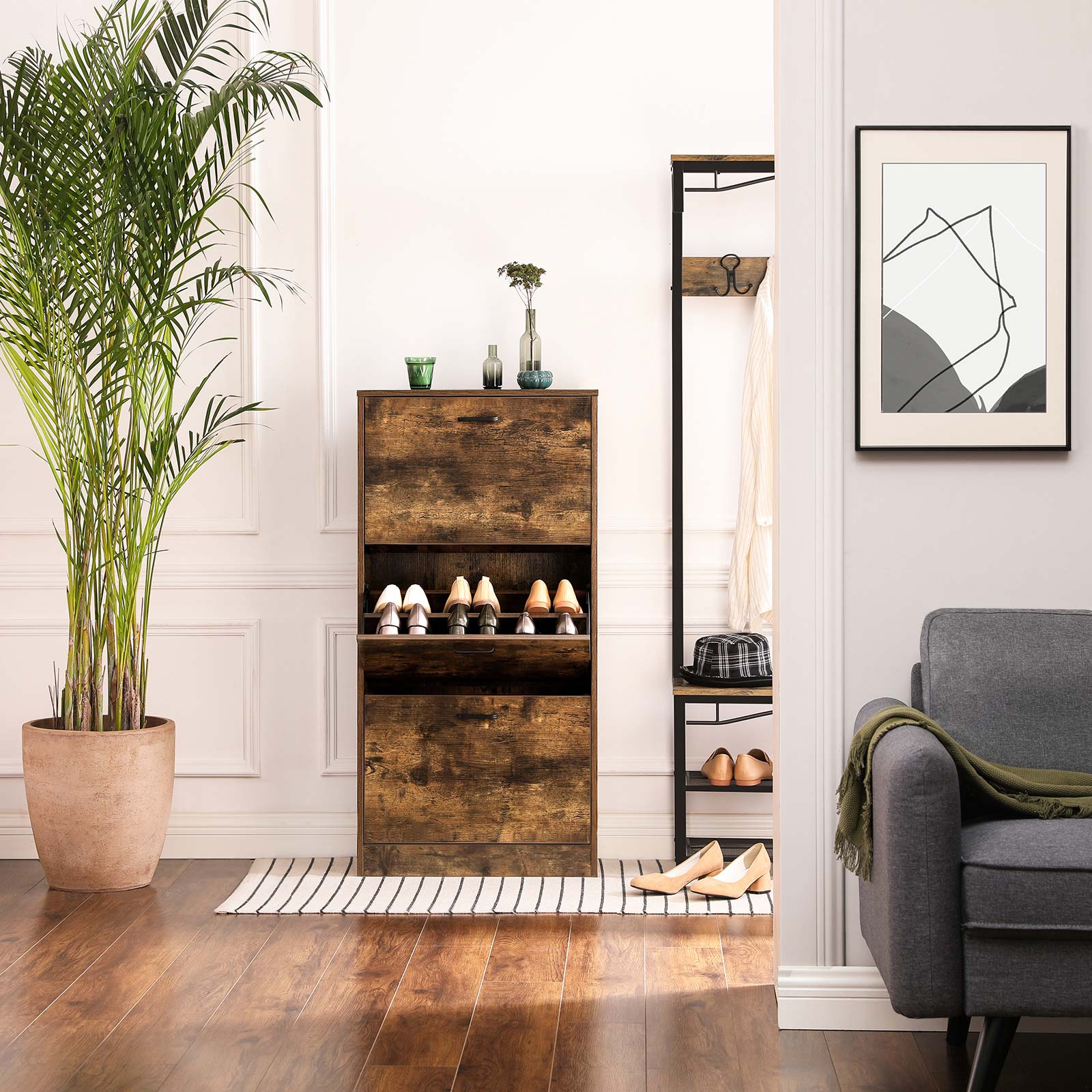 VASAGLE Armario de Zapatos con 3 Puertas Abatibles, Zapatero de Madera