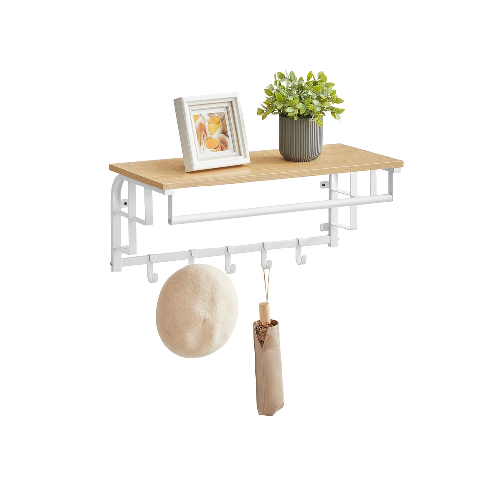 Perchero mural MDF Songmics roble dorado 66x27x30 cm con ganchos blancos - Imagen 3