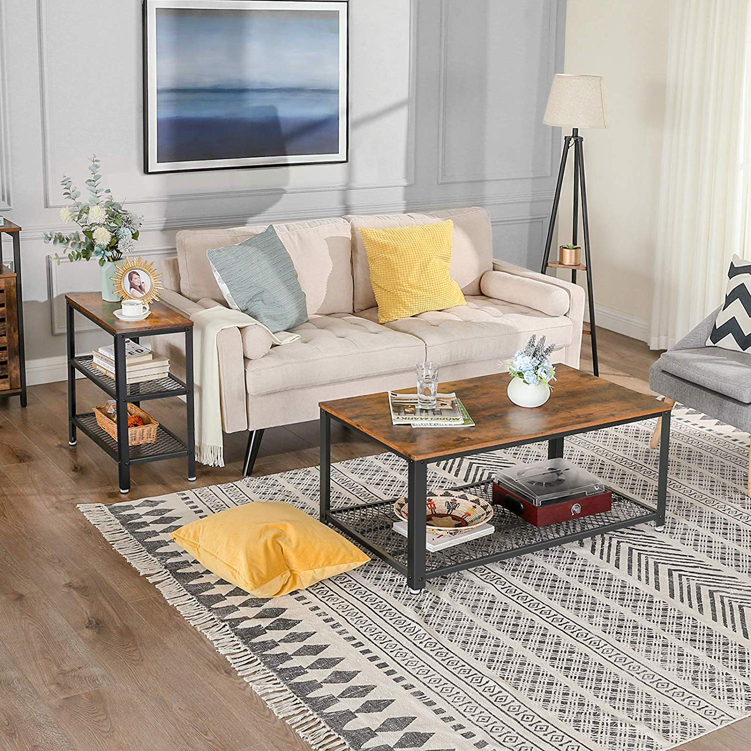 VASAGLE Mesa Auxiliar, Mesita de Noche, con 2 Estantes de Malla, para