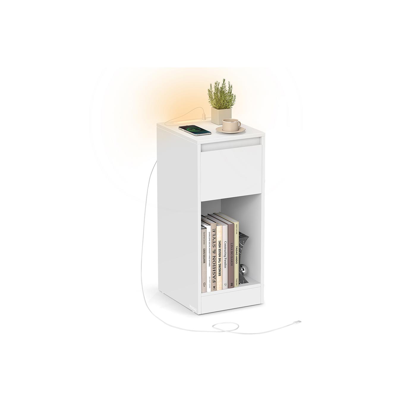 Vasagle Mesita De Noche Estrecha Con Luz Led Y Puertos Usb