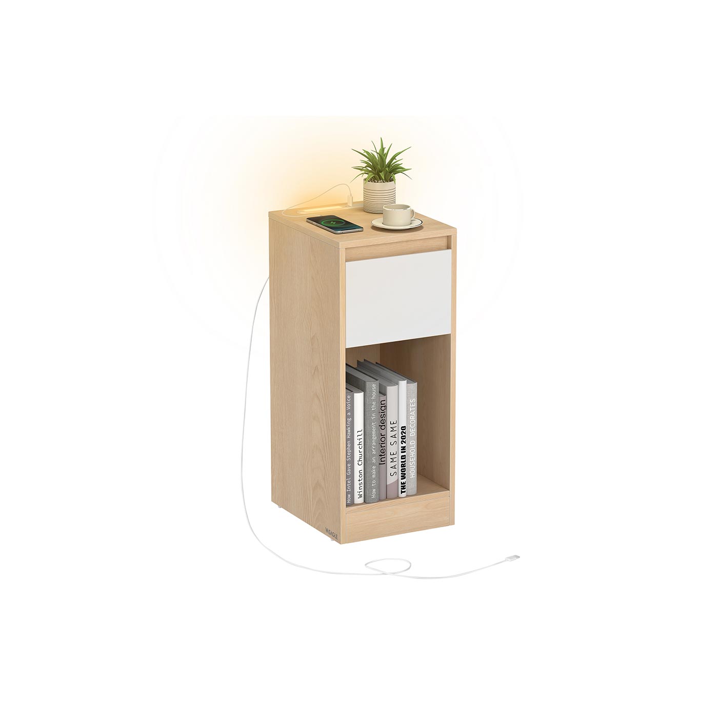 Vasagle Mesita De Noche Estrecha Con Luz Led Y Puertos Usb