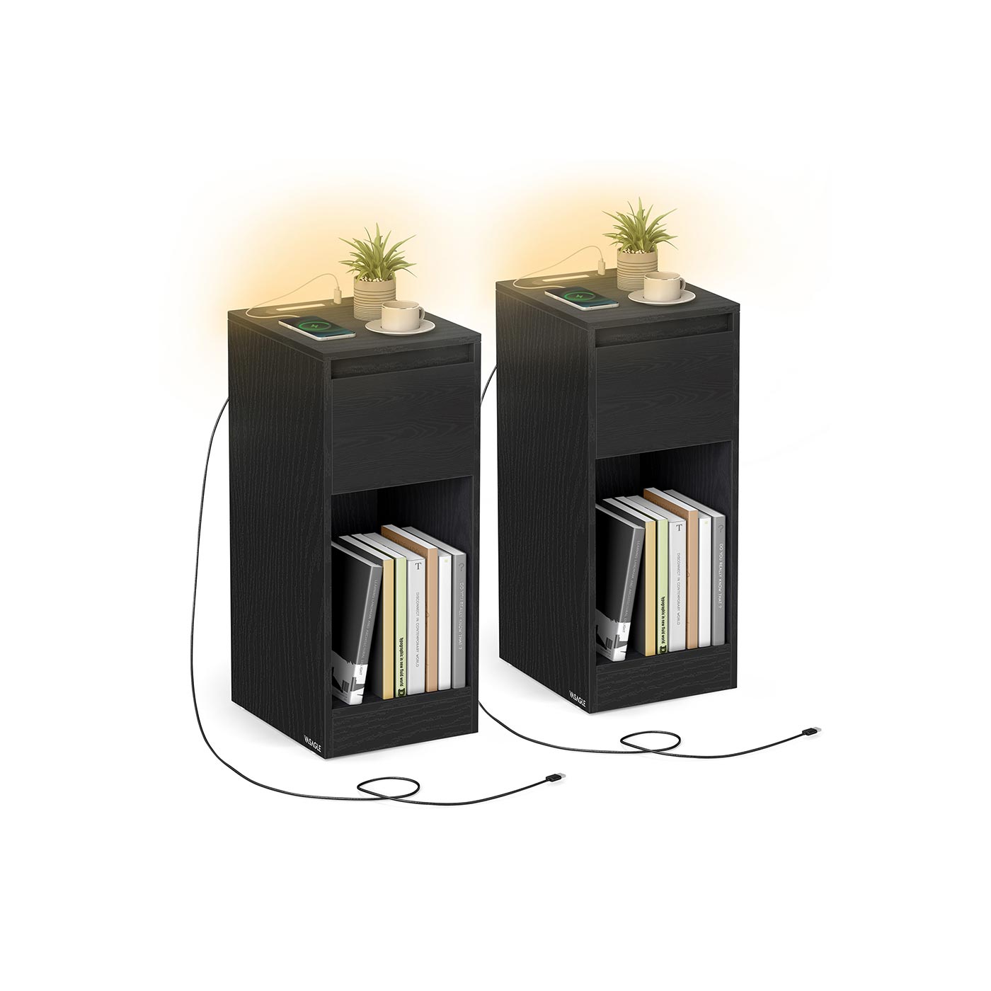 Vasagle Mesita De Noche Estrecha Con Luz Led Y Puertos Usb Juego De 2