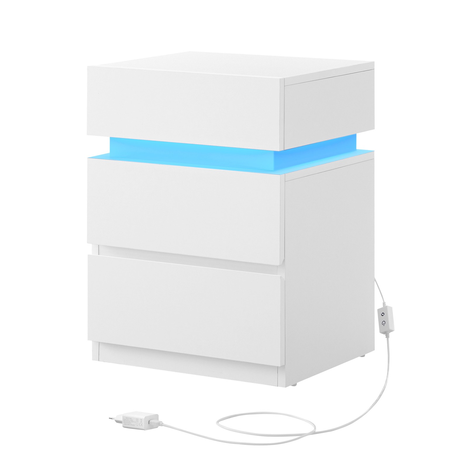Mesita de Noche con Tira LED Multicolor Ajustable, 3 Cajones, Mesa Auxiliar de Estilo Moderno