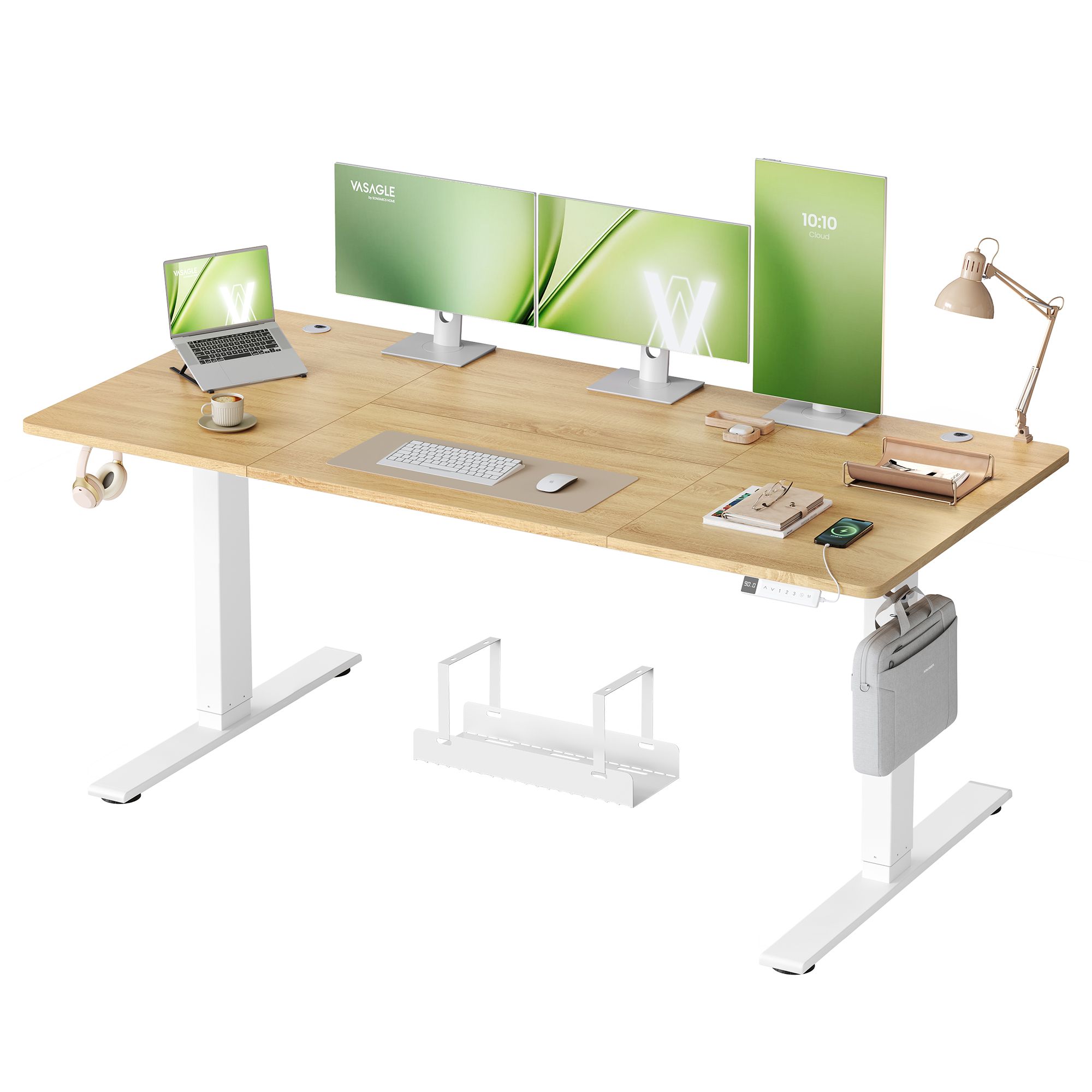 Vasagle Dorado/Blanco Escritorio Elevable Eléctrico 180 X 80 Cm Con Usb-C Roble Y