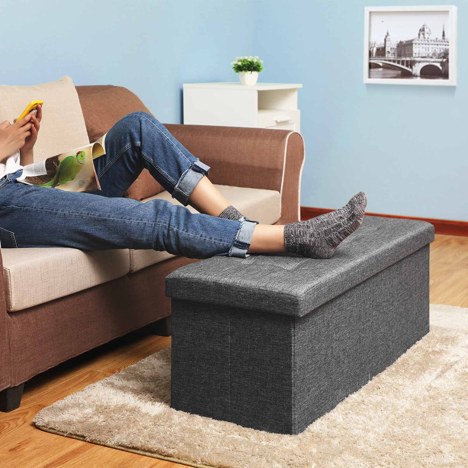 Baúl Otomano Plegable de Almacenamiento de Lino