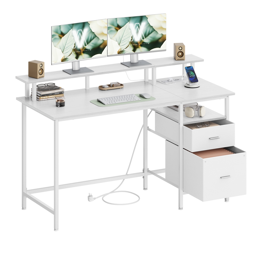 Leroy Merlin Escritorio Con Cajones De Tela, Tomas De Corriente, 2 Puertos Usb-A, Estante Para Monitor, 55X135x90 Cm, Blanco - Imagen 3