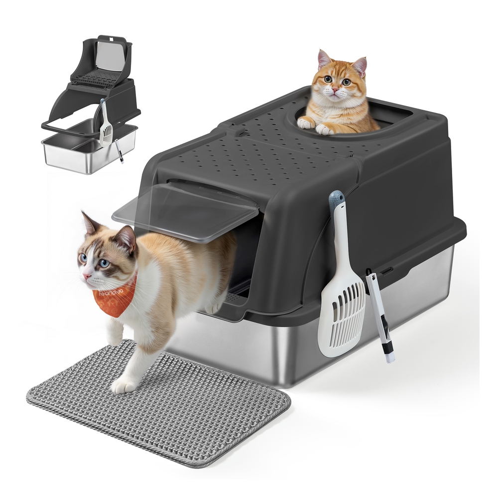 Caja de arena para gatos de acero inoxidable con tapa abatible
