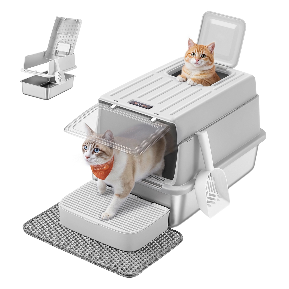 Leroy Merlin Arenero Para Gatos De Acero Inoxidable Con Tapa Y Doble Acceso, Incluye Pala Y Alfombrilla, 60X40x38 Cm, Gris Acero Inoxidable - Imagen 2