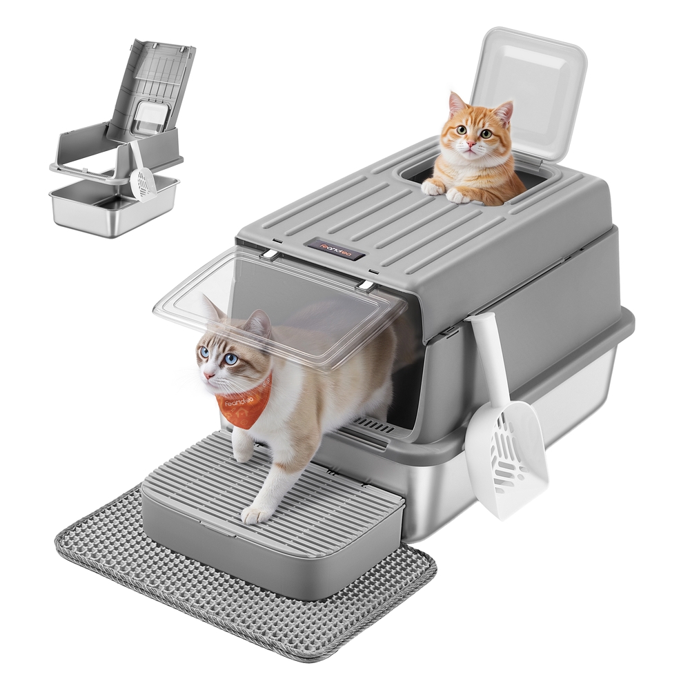 Leroy Merlin Arenero Para Gatos De Acero Inoxidable Con 2 Entradas, 28 L, Antifugas, Con Pala, Rejilla Y Alfombrilla, 60 Cm, Gris Acero Inoxidable - Imagen 2