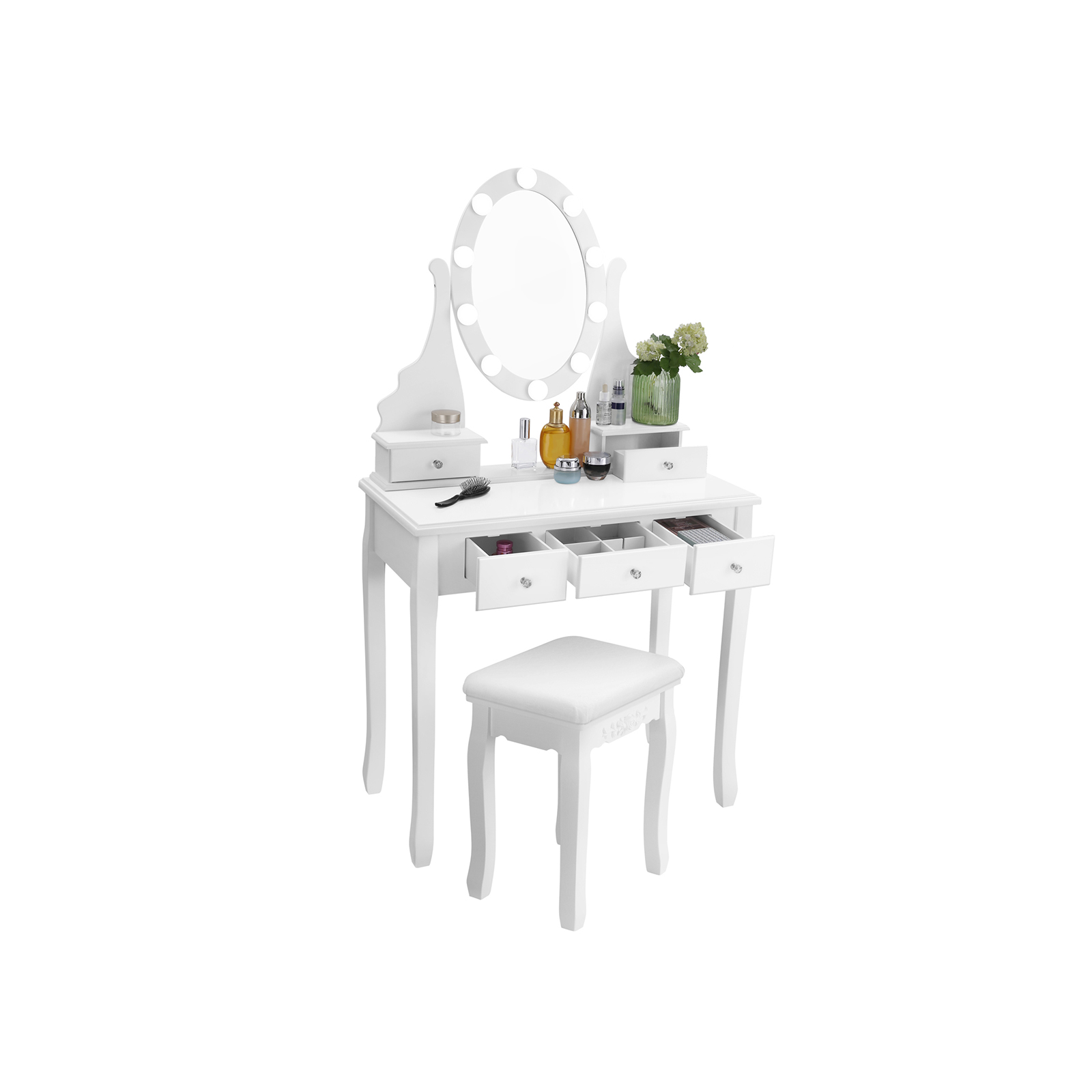 VASAGLE Tocador con Espejo y Bombillas, Mesa de Maquillaje, con 5