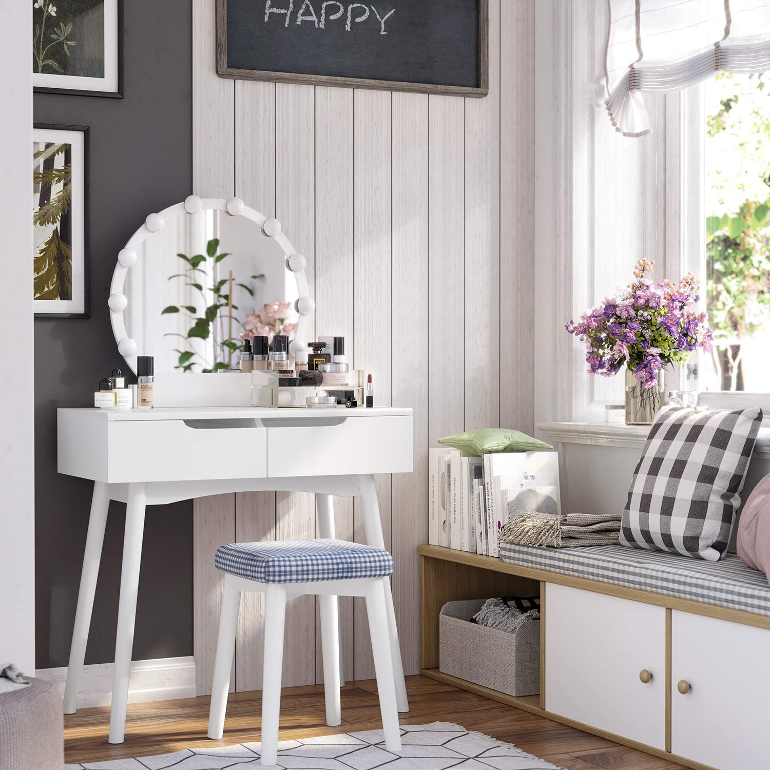 Tocador Blanco De Espejo Redondo