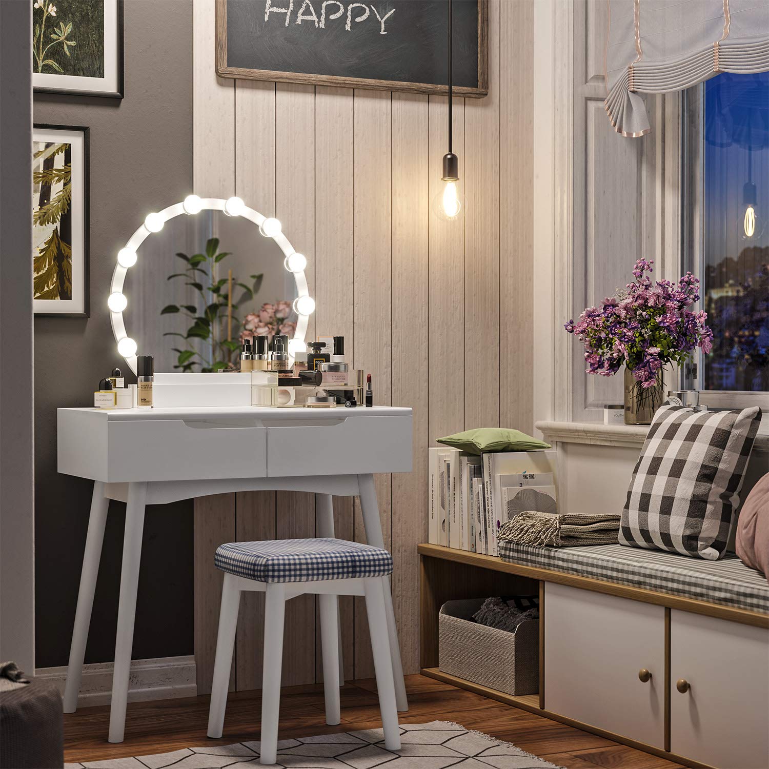 Tocador Blanco De Espejo Redondo