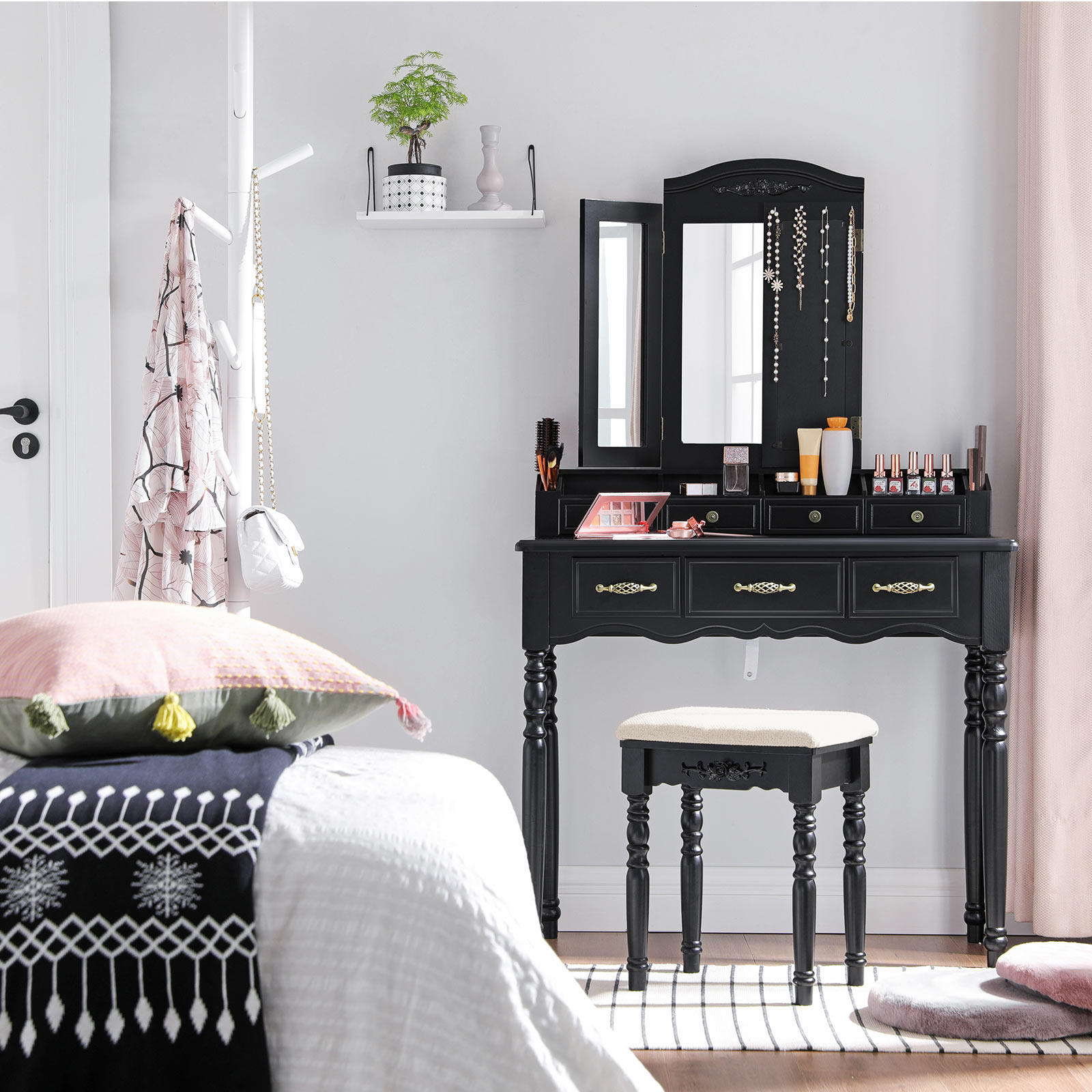 VASAGLE Tocador con Cajones, Mesa de Maquillaje con Triple Espejo, 2