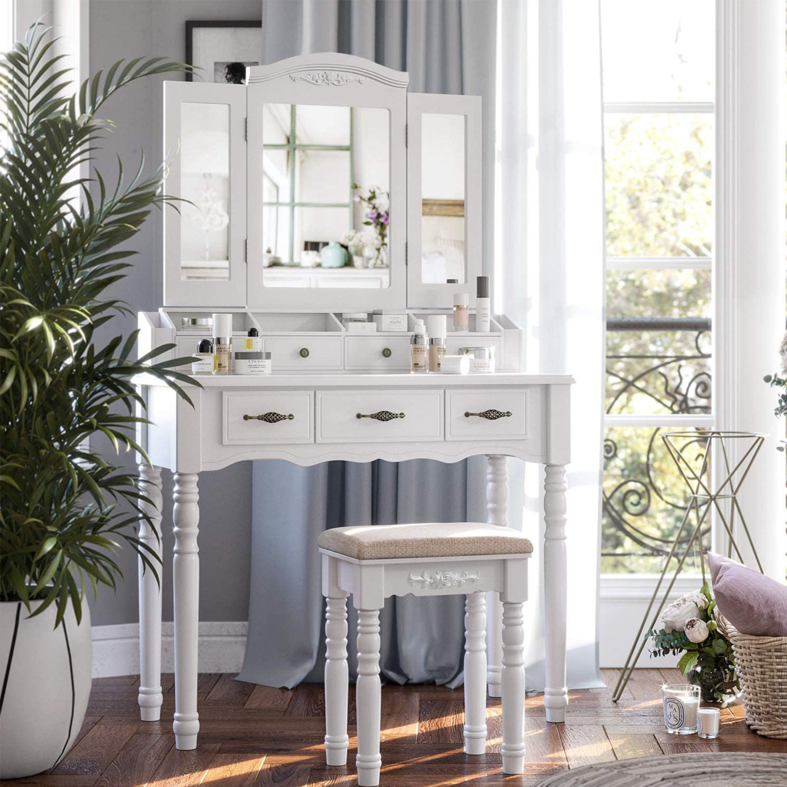 VASAGLE Tocador con Cajones, Mesa de Maquillaje con Triple Espejo, 2